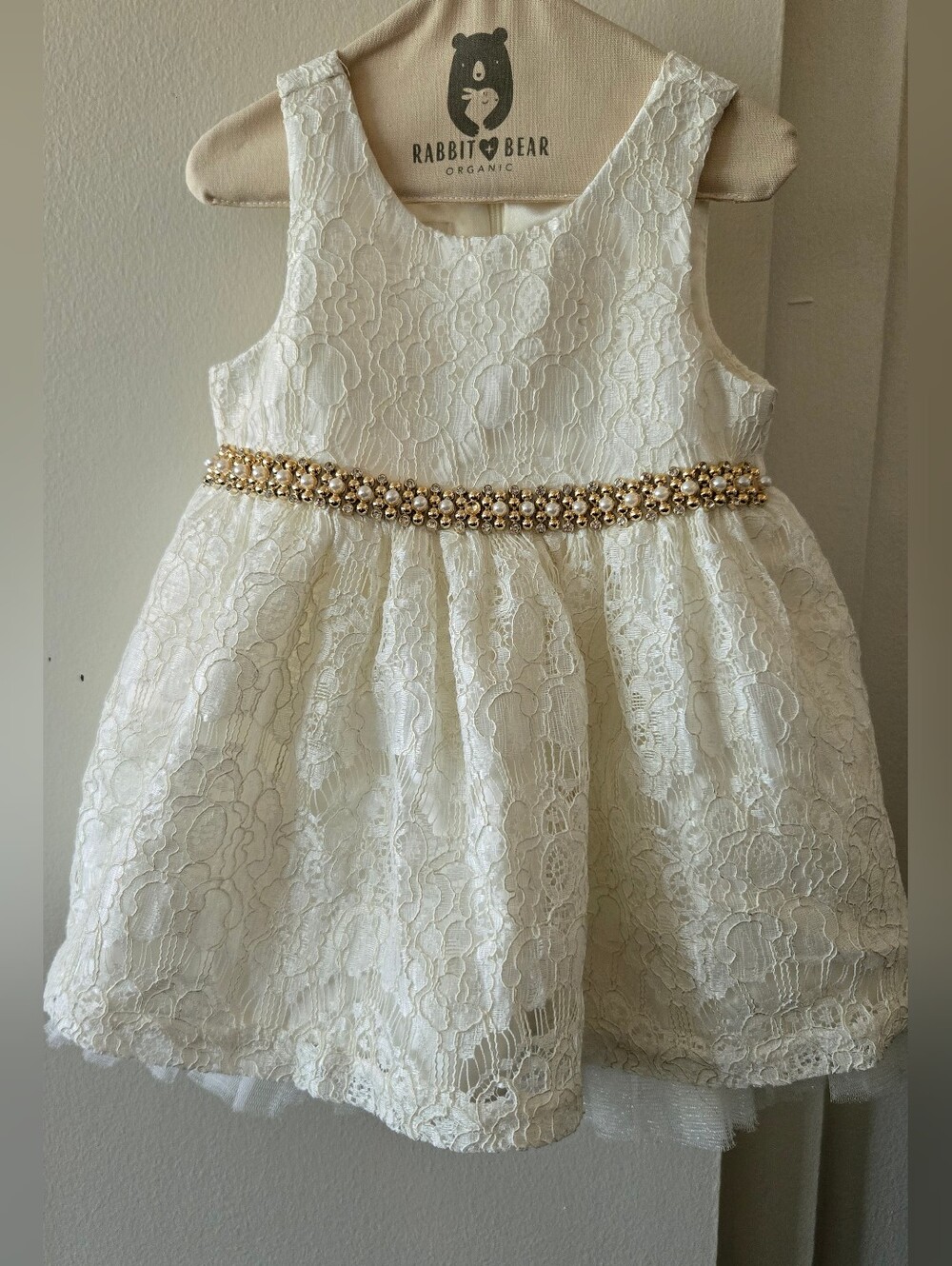 American Princess Ivory Lace Dress with Gold Beaded Waistband 18m Fits Like 12m